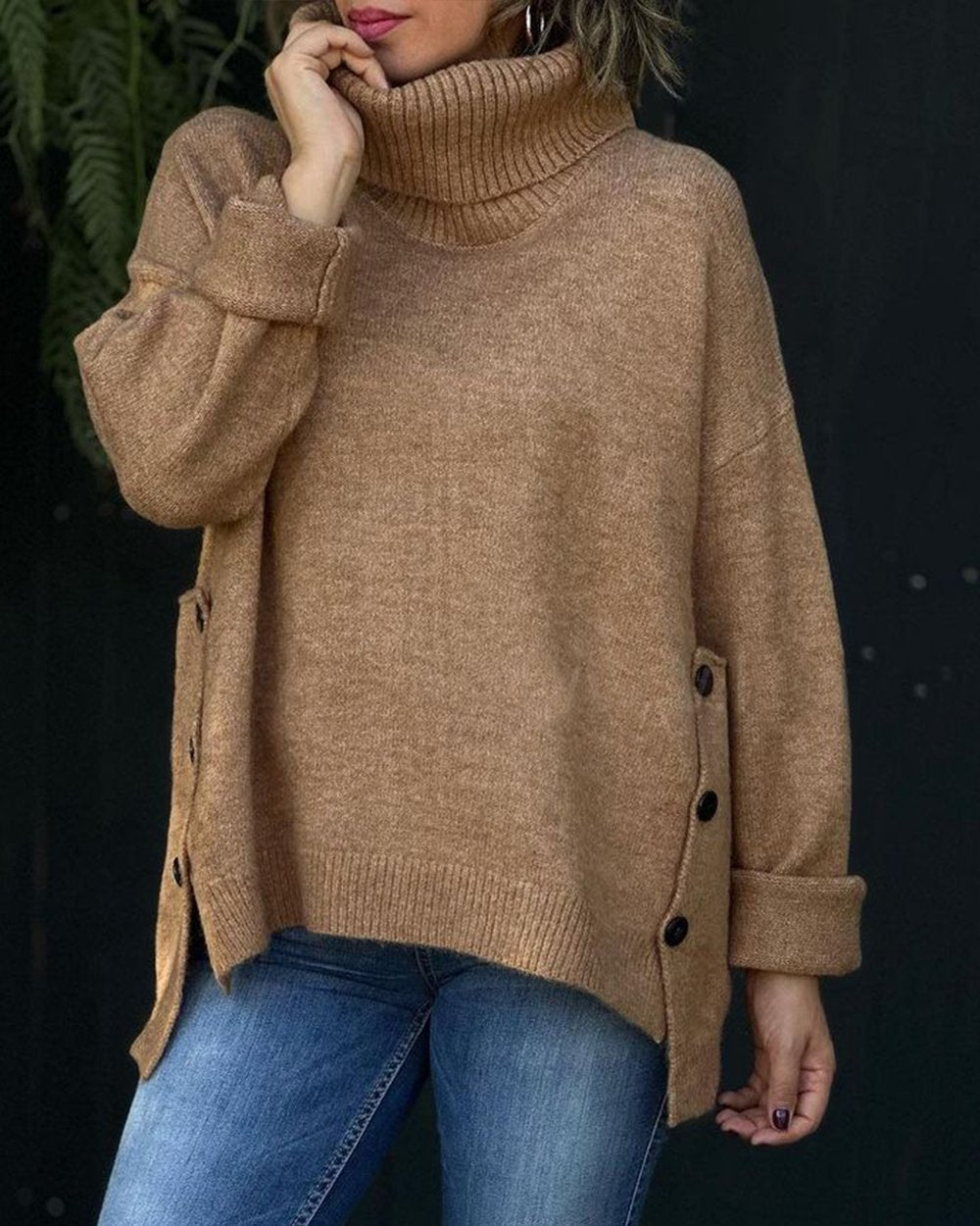 Women's Solid Color Turtleneck Irregular Sweater