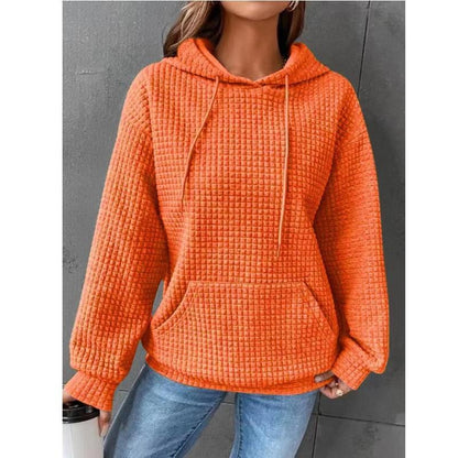 New Waffle Round Neck Long Sleeve Sweatshirt Solid Color Tops for Women