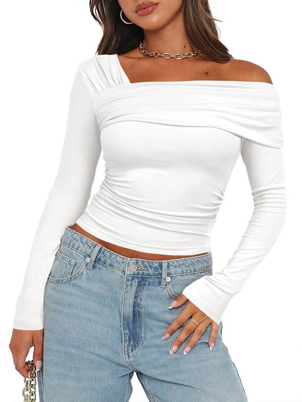 Women's solid color single shoulder long sleeve backless pleated top T-shirt