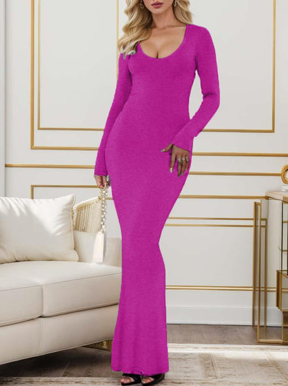 Women's Sexy Scoop Neck Long Sleeve Lounge Long Dress Ribbed Bodycon Maxi Dress