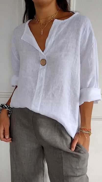 V-neck Button-down Mid-sleeve Cotton and Linen Top