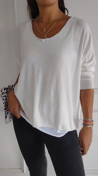 Cotton and Linen Long-sleeved T-shirt with White Inner Two-piece Set