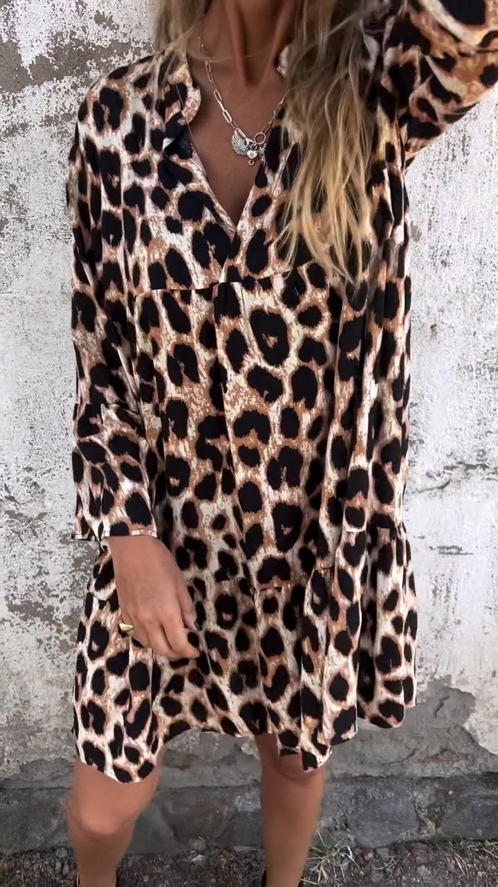 V-neck Long-sleeved Leopard Print Dress