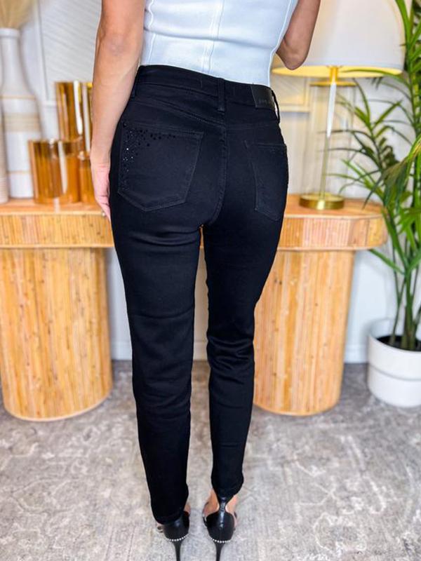 Women's Black Slim Fit Rhinestone Jeans Trousers