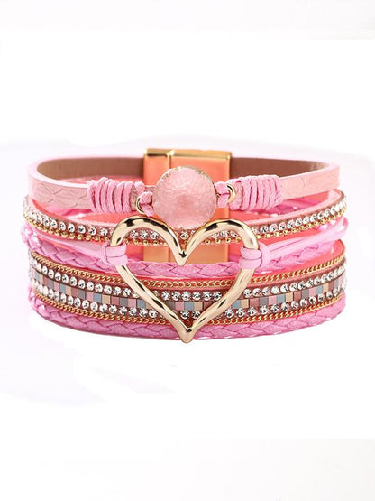 Women's Bohemian Love Rhinestone Magnetic Leather Bracelet