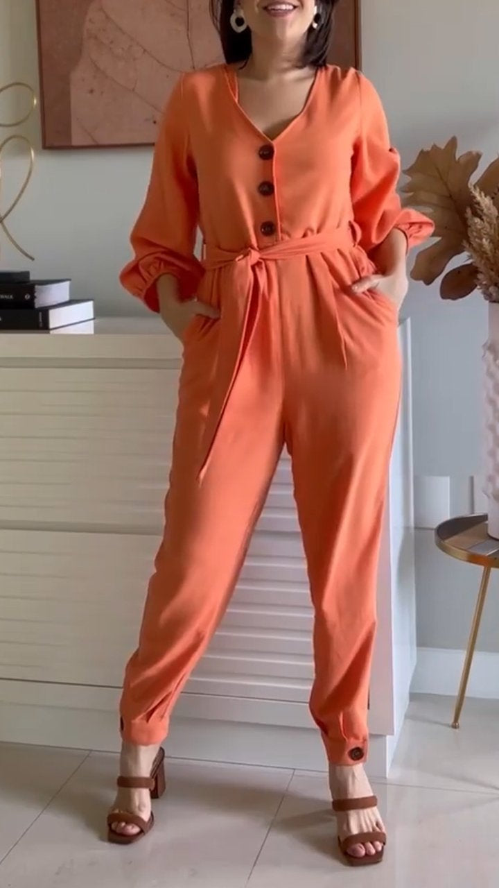 Casual V-neck Long-sleeved Jumpsuit