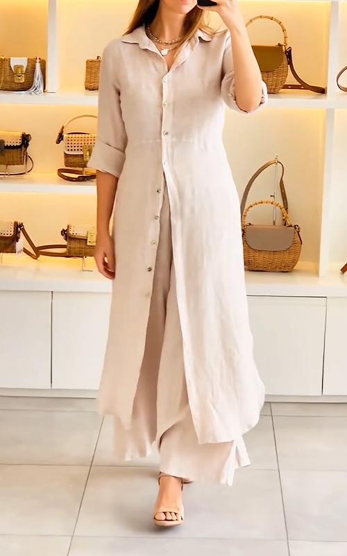 Casual Lapel Long Top and Trousers Two-piece Suit