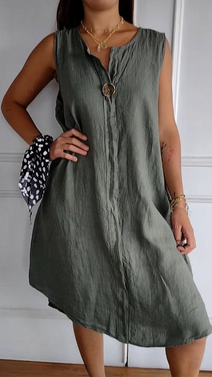 V-neck Sleeveless Cotton and Linen Dress