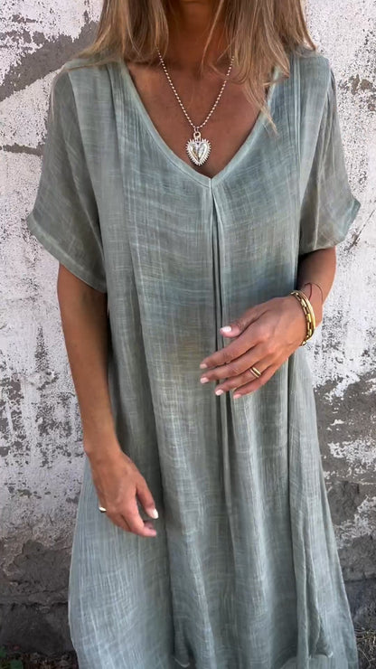 Cotton and Linen V-neck Midi Dress