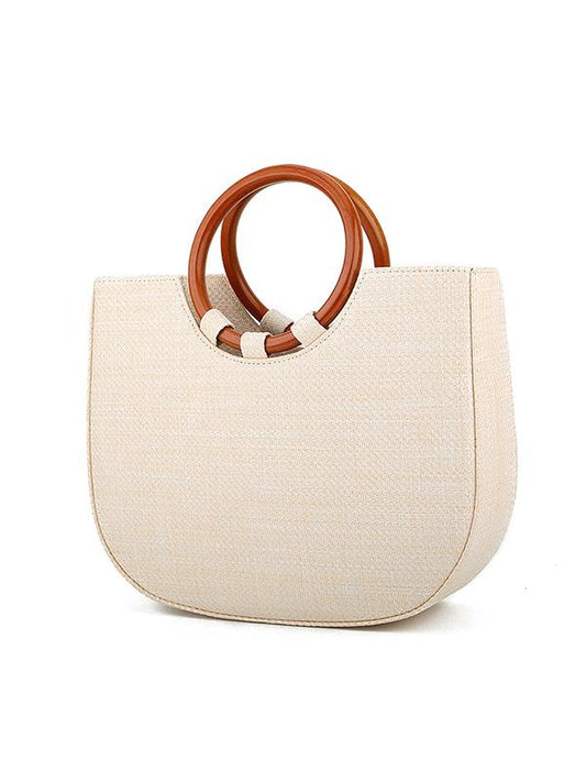 Women's Wooden Handle Handbag Straw Shoulder Bag