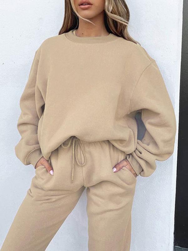 Solid color round neck trousers and long sleeve sweatshirt suit