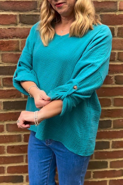 Casual V-neck Waffle Design Top