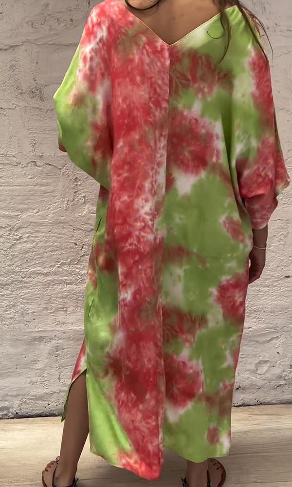 Women's Loose V-neck Short Sleeve Tie-dye Print Maxi Dress