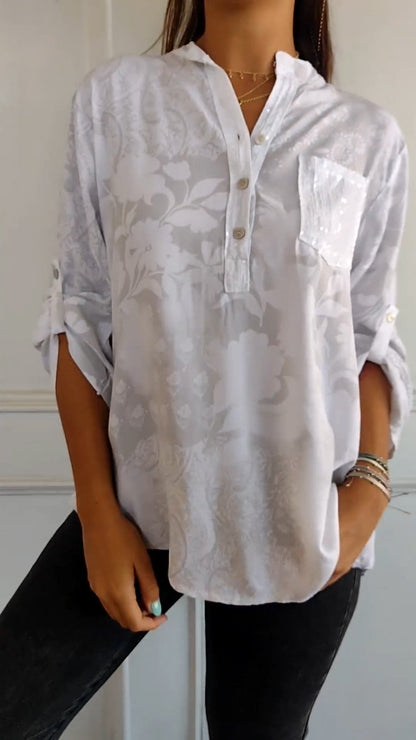 V-neck Half-button Printed Top