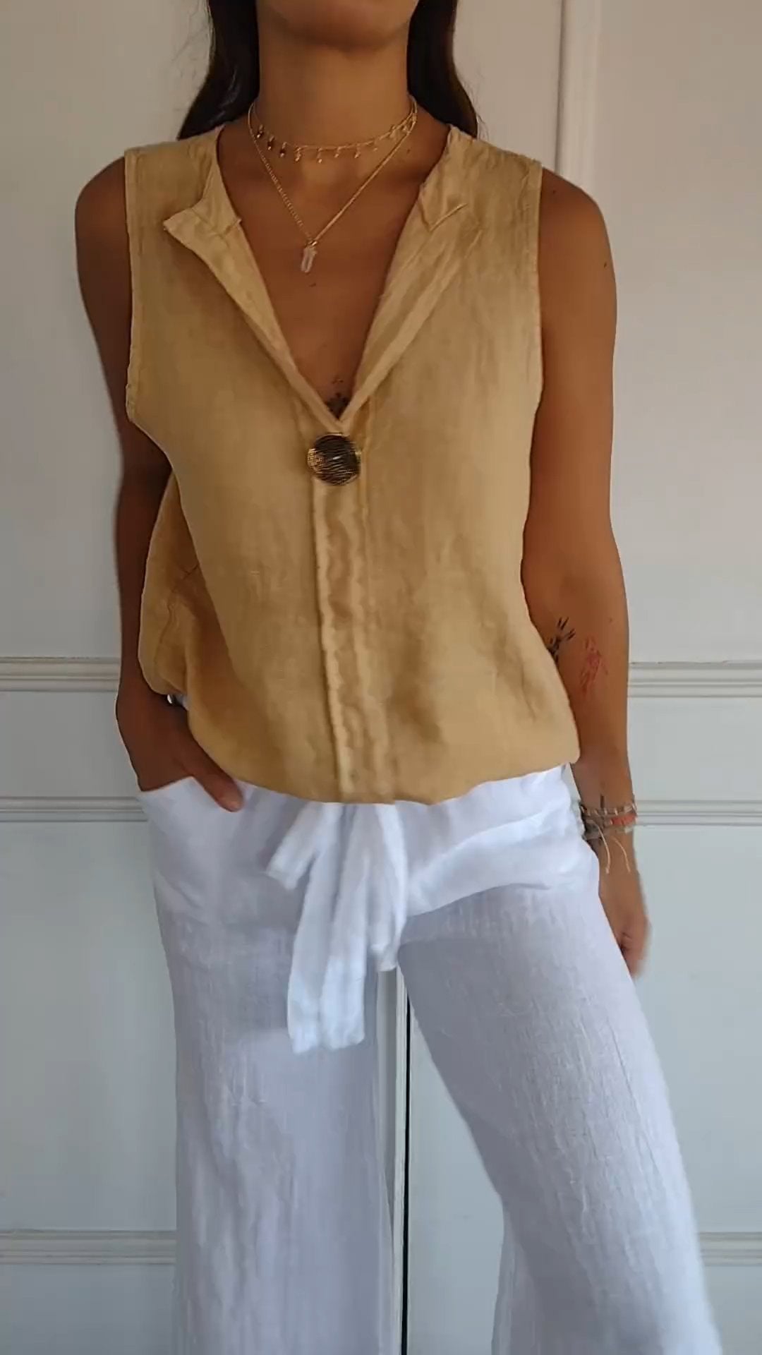 Cotton and Linen Casual V-neck Vest Top