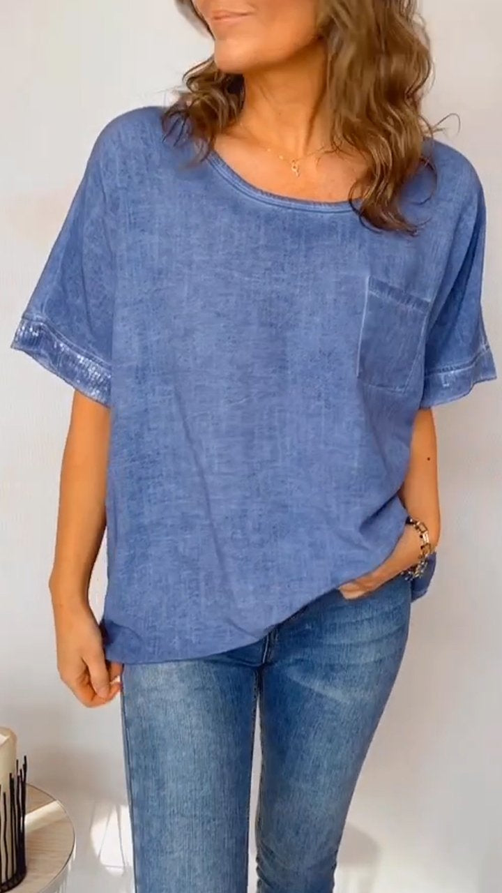 Women's Round Neck Short Sleeve Cotton and Linen Top