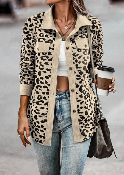 Women's Autumn and Winter Leopard Print Button Long Sleeve Jacket