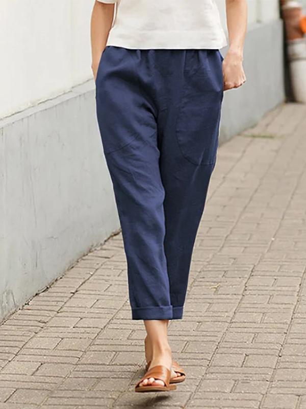 Plus Size Pure Color Comfort Cotton and Linen Casual Pants Straight-Leg Trousers