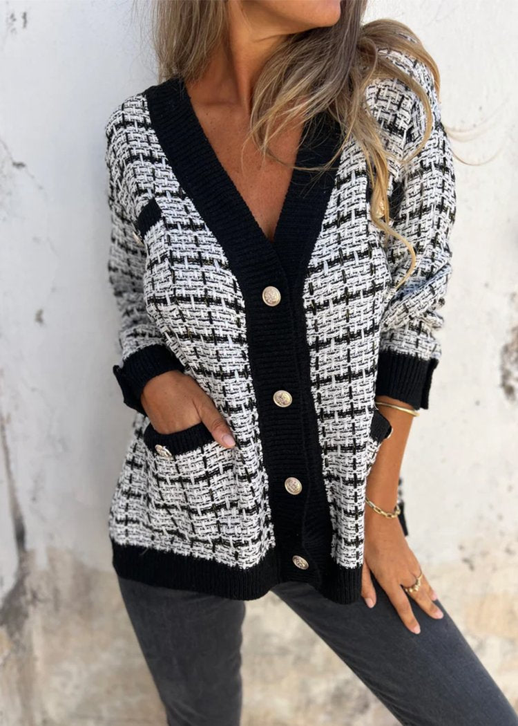 V-neck Single-breasted Plaid Cardigan Jacket