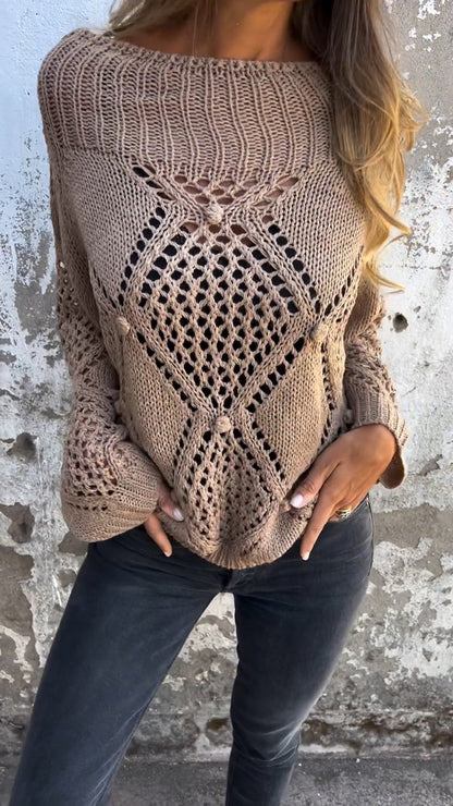 Round Neck Long Sleeve Knitted Top with Hollow Design