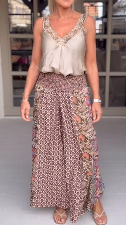 Casual Satin Top and Printed Trousers Two-piece Suit