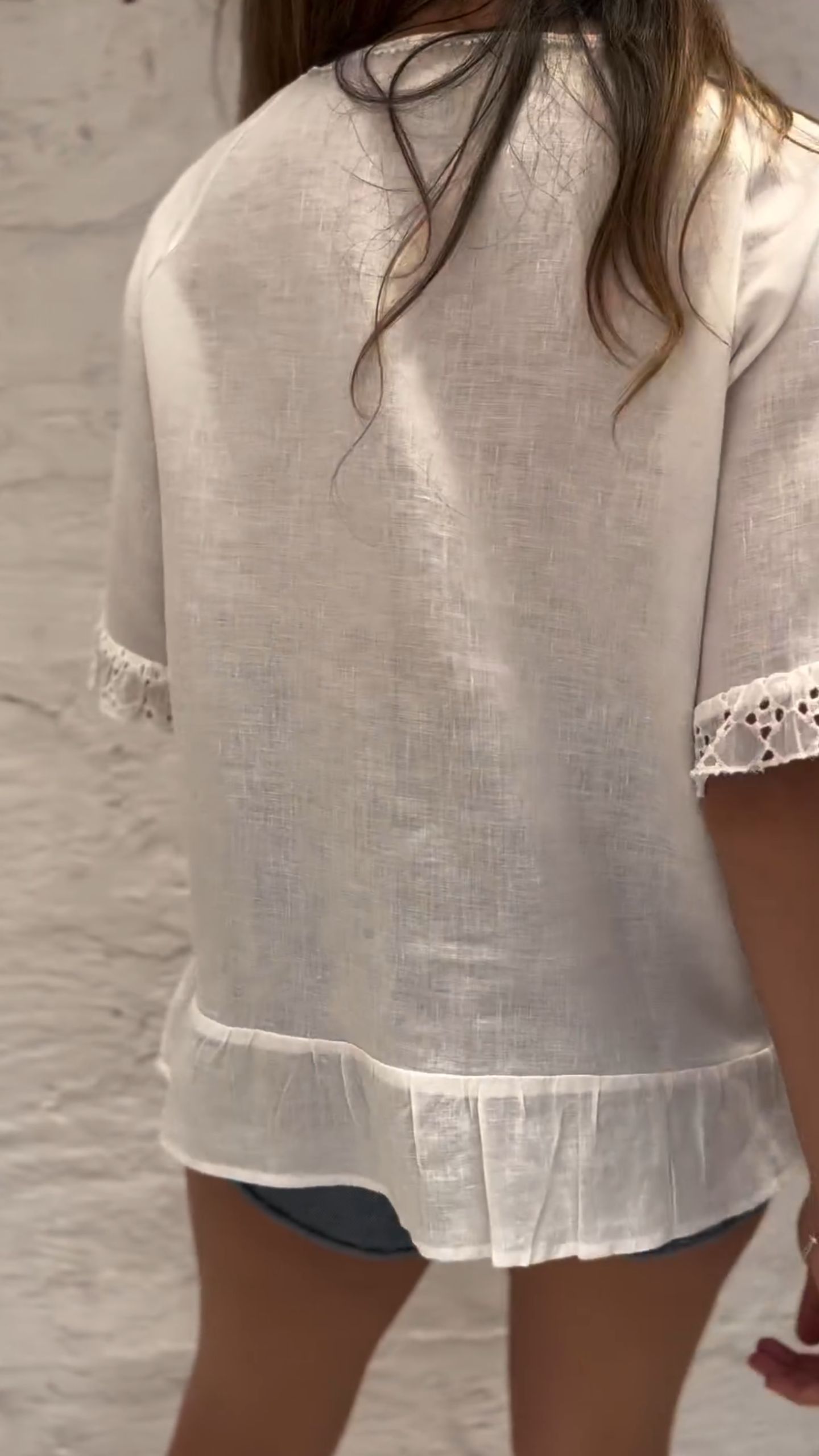 Lace spliced solid color cotton and linen top