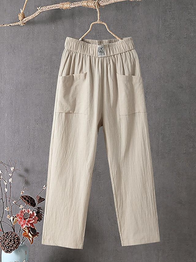 Women's Slacks Baggy Cropped  Ankle-Length Linen Pocket Elastic Mid Waist Pants