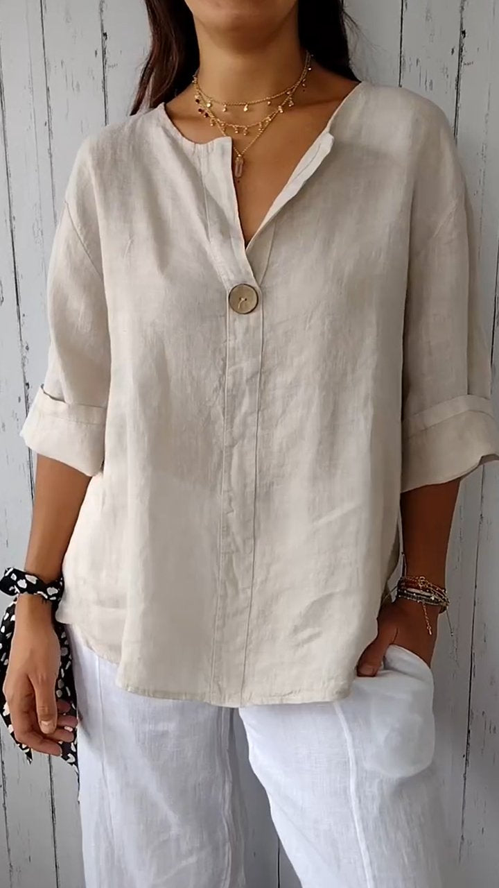 V-neck Button-down Mid-sleeve Cotton and Linen Top