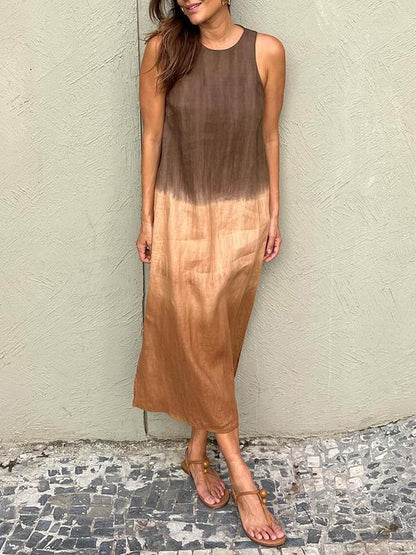 Women's casual cotton and linen sleeveless slit gradient tie-dye long dress