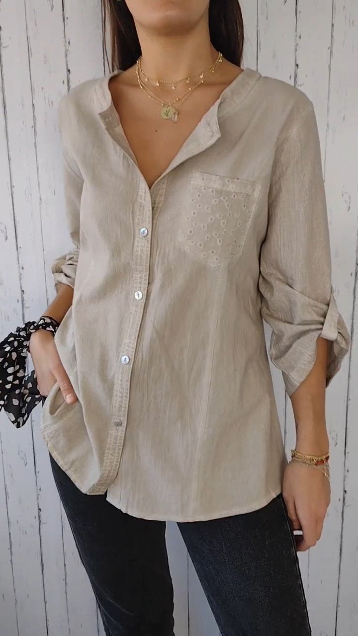 Round Neck Mid-sleeve Cotton and Linen Casual Top