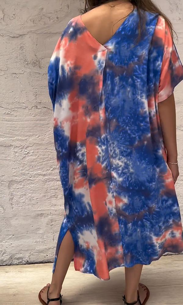 Women's Loose V-neck Short Sleeve Tie-dye Print Maxi Dress