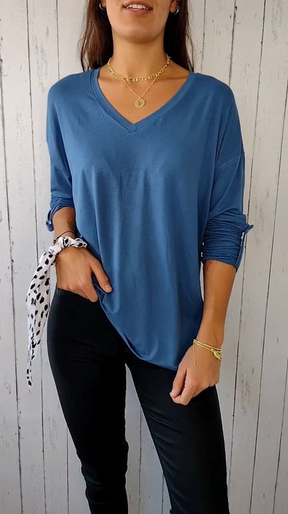 V-neck Mid-sleeve Solid Color Top