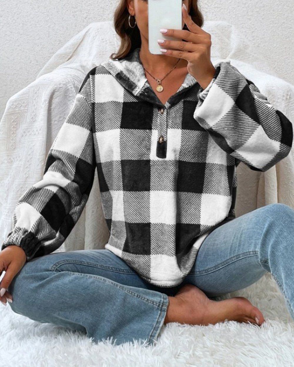 Flannel Plaid Half Open Collar Buttoned Hooded Plush Sweatshirt