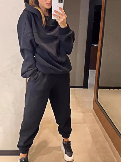 Women's Solid Color Patchwork Hooded Top and Pants Two-piece Set