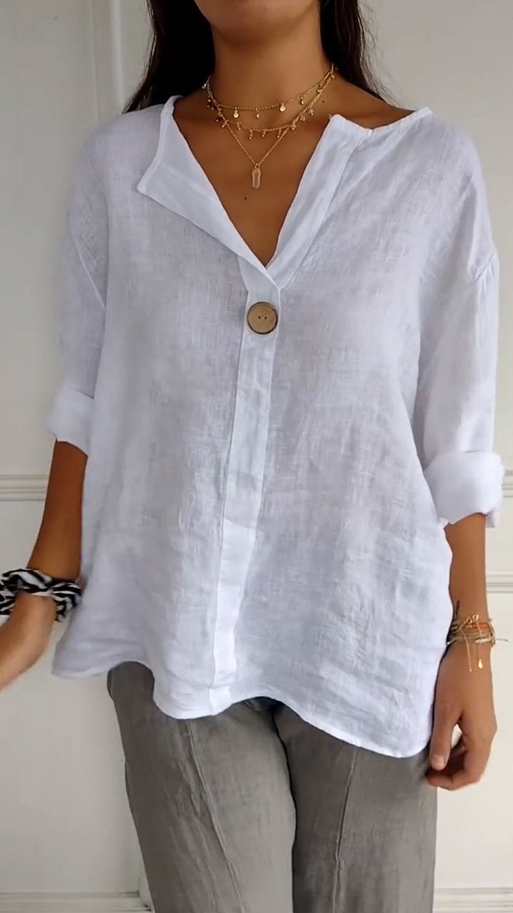 V-neck Button-down Mid-sleeve Cotton and Linen Top