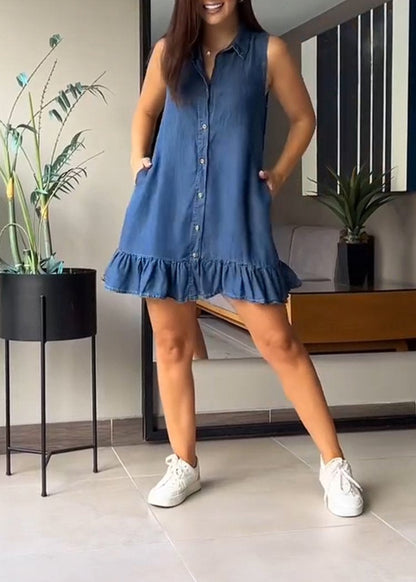 V-neck Single-breasted Sleeveless Denim Dress