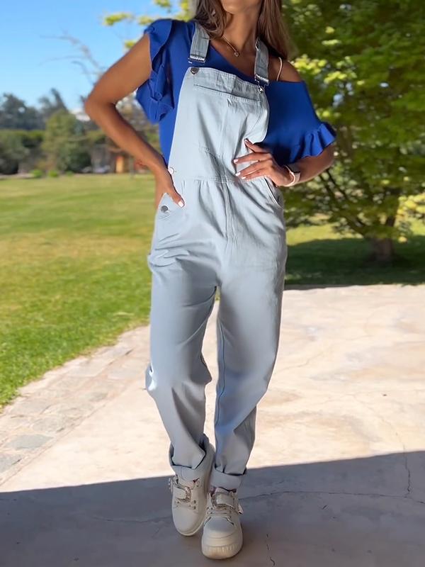 Casual Square Neck Denim Overalls