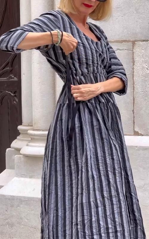 Women's Round Neck Mid-length Sleeve Striped Loose Dress