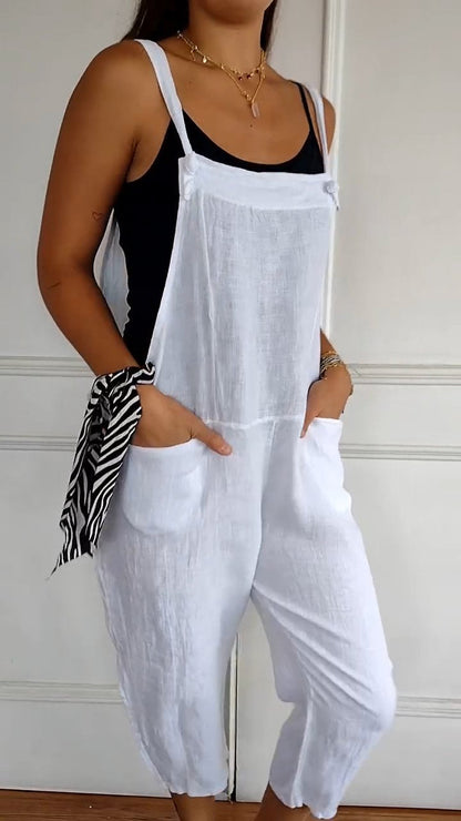 Casual Cotton and Linen Suspender Jumpsuit