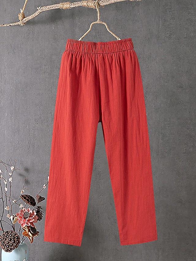 Women's Slacks Baggy Cropped  Ankle-Length Linen Pocket Elastic Mid Waist Pants