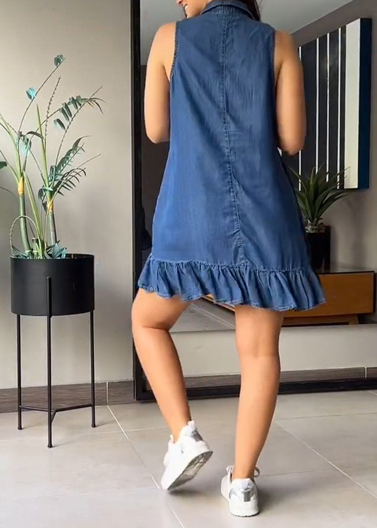 V-neck Single-breasted Sleeveless Denim Dress