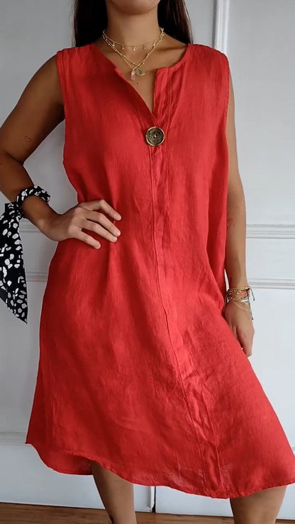 V-neck Sleeveless Cotton and Linen Dress