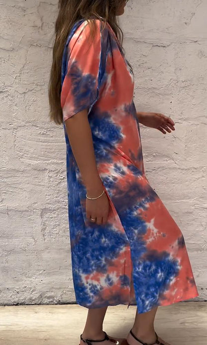 Women's Loose V-neck Short Sleeve Tie-dye Print Maxi Dress