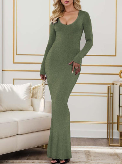 Women's Sexy Scoop Neck Long Sleeve Lounge Long Dress Ribbed Bodycon Maxi Dress