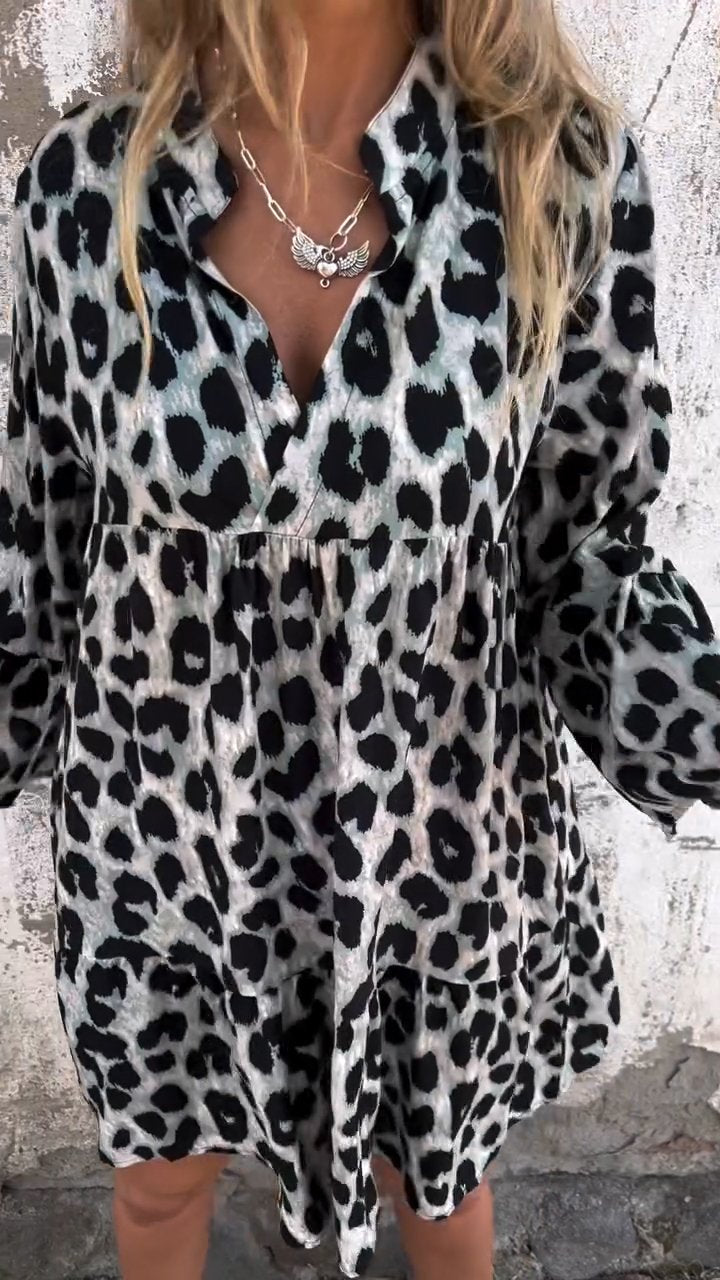 V-neck Long-sleeved Leopard Print Dress