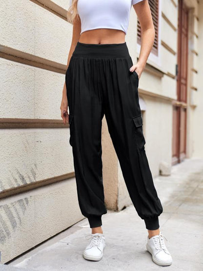 Casual Pocket Satin Elastic waist Pants