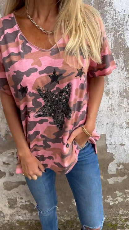 V-neck Short-sleeved Camouflage Star T-shirt