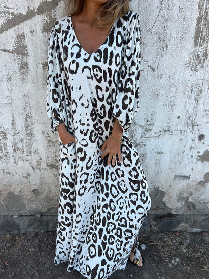 Women's V-neck Long-sleeved Leopard Print Dress