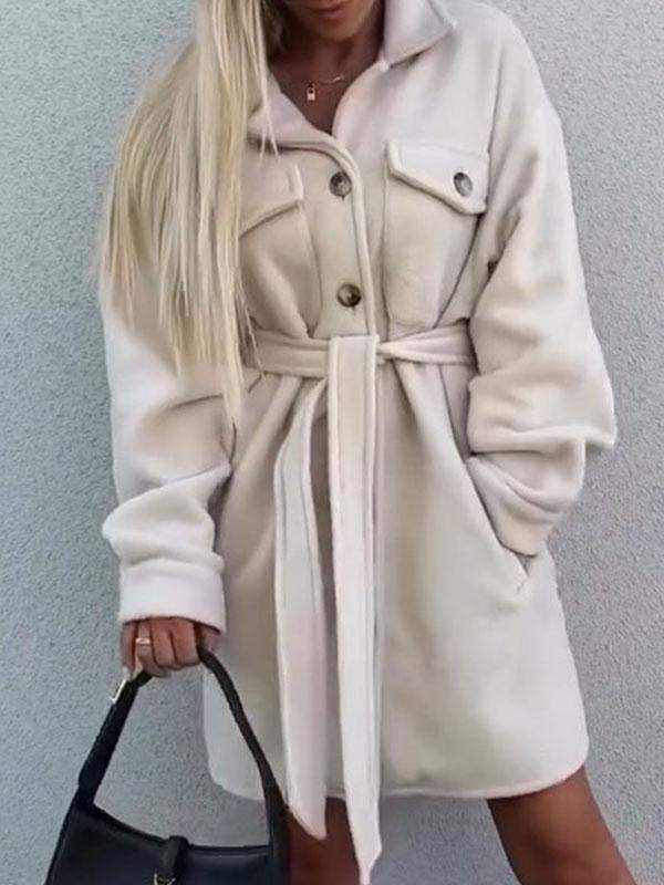 Women's Lapel Plush Waist Long Coat