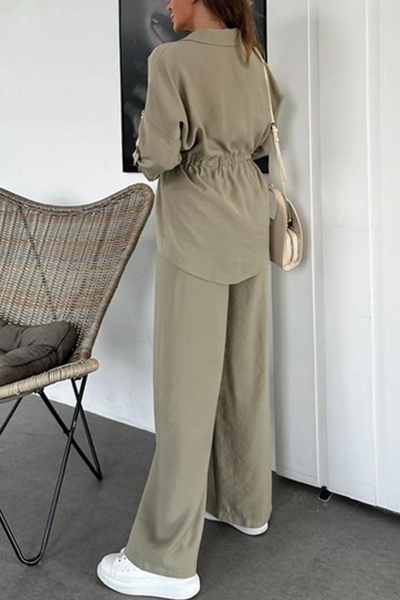 Women's solid color drawstring shirt and trousers set